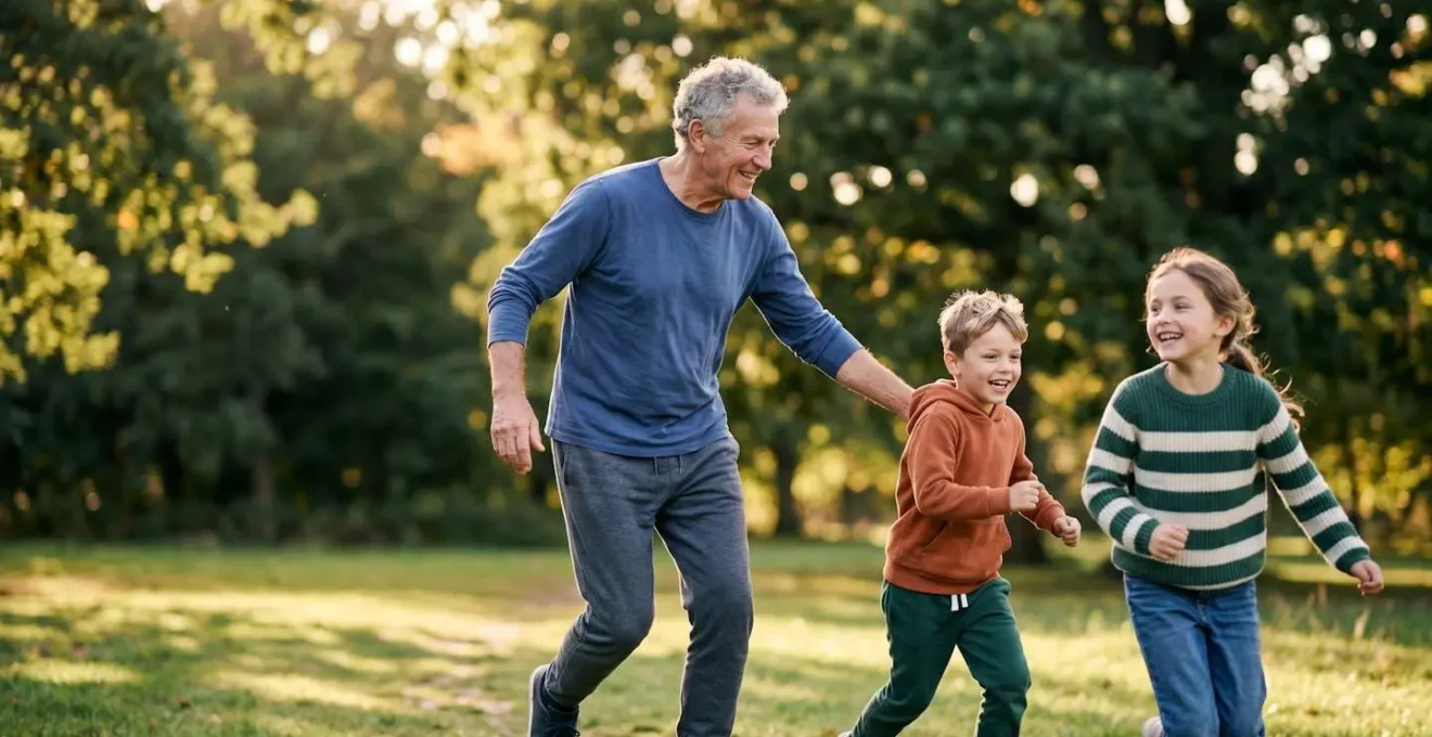 Senior grandparent actively engaging with grandchildren outdoors in natural park setting
