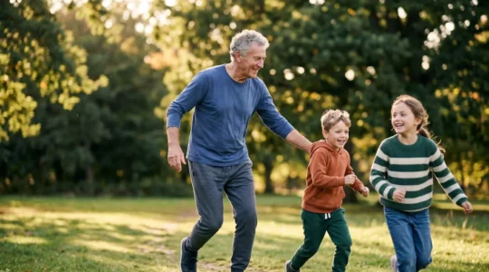 Senior grandparent actively engaging with grandchildren outdoors in natural park setting