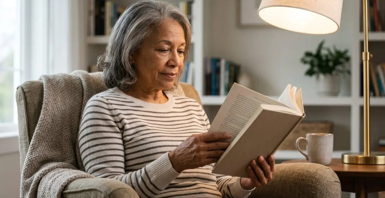 Senior reading with optimized task lighting demonstrating proper illumination for aging eyes