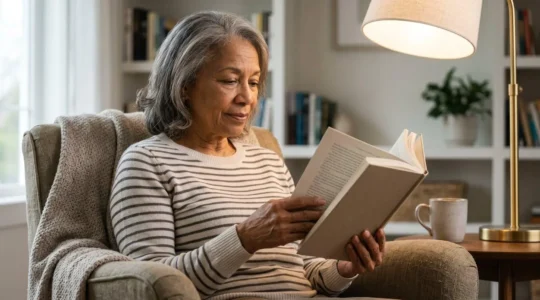 Senior reading with optimized task lighting demonstrating proper illumination for aging eyes