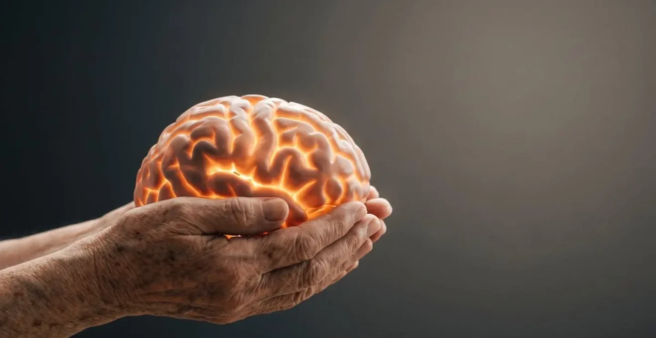 Elderly hands holding a luminous brain model against soft natural light, symbolizing cognitive reserve and brain resilience despite Alzheimer's pathology