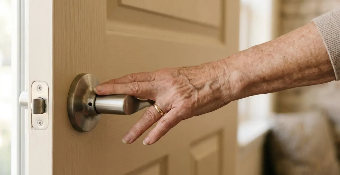 Close-up of a senior hand effortlessly operating a sleek lever door handle in a warmly lit hallway