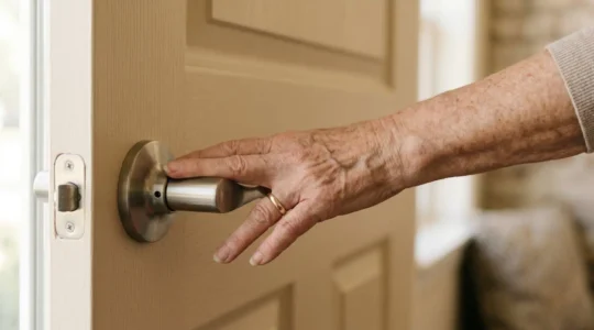 Close-up of a senior hand effortlessly operating a sleek lever door handle in a warmly lit hallway