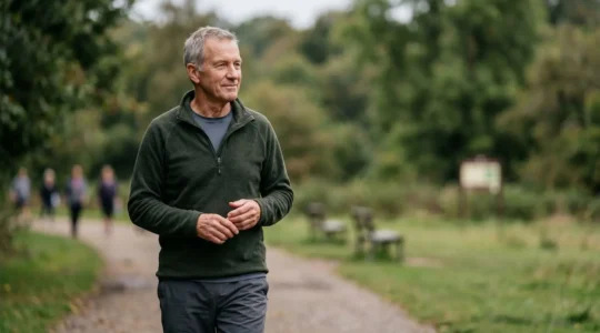 Older adult in contemplative stance reflecting on health and aging in UK setting