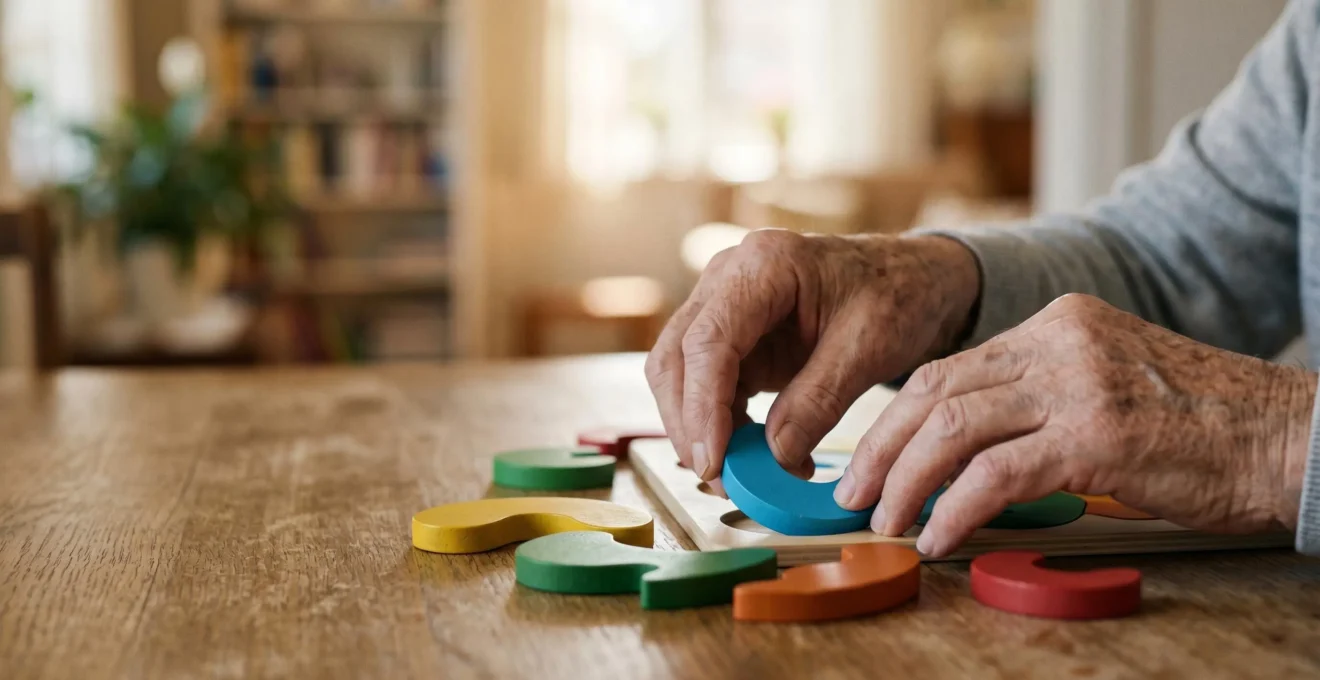 A senior's hands engaged in a complex tactile activity, symbolizing active cognitive engagement beyond passive screen time