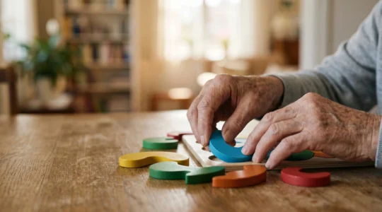 A senior's hands engaged in a complex tactile activity, symbolizing active cognitive engagement beyond passive screen time