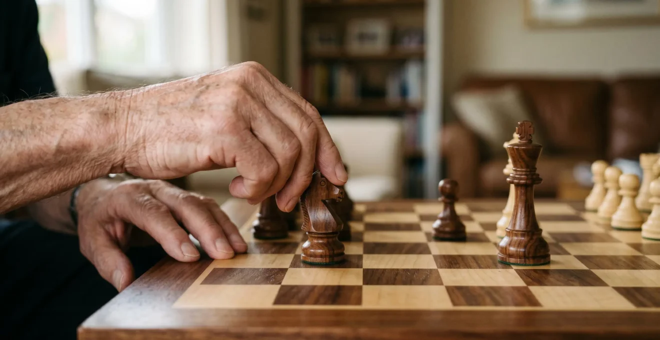 Elderly hands placing strategic chess pieces on wooden board with soft natural lighting