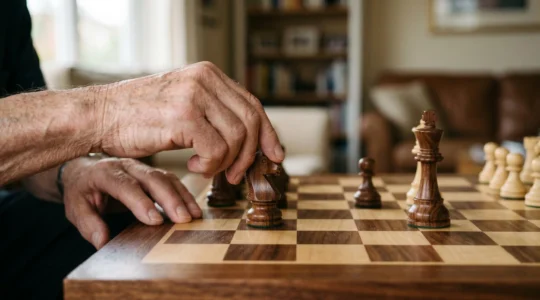 Elderly hands placing strategic chess pieces on wooden board with soft natural lighting