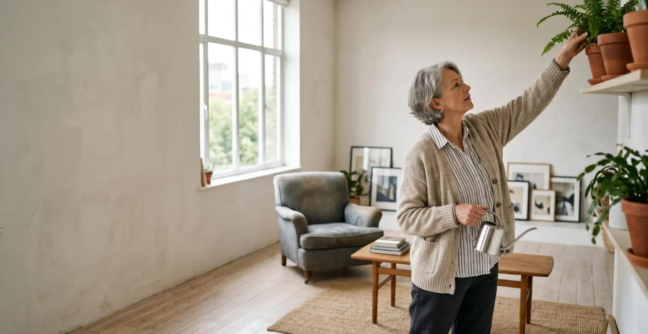 Active senior performing everyday movement activities at home in natural lighting