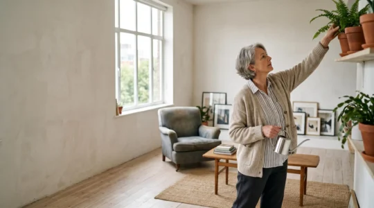 Active senior performing everyday movement activities at home in natural lighting