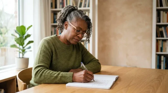 Senior adult engaging in cognitive testing at a calm desk environment, representing proactive brain health monitoring