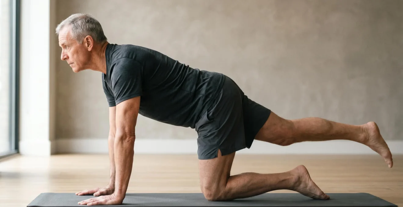 Older adult demonstrating core stability with proper posture and engaged transverse abdominis