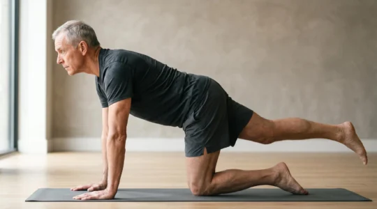 Older adult demonstrating core stability with proper posture and engaged transverse abdominis