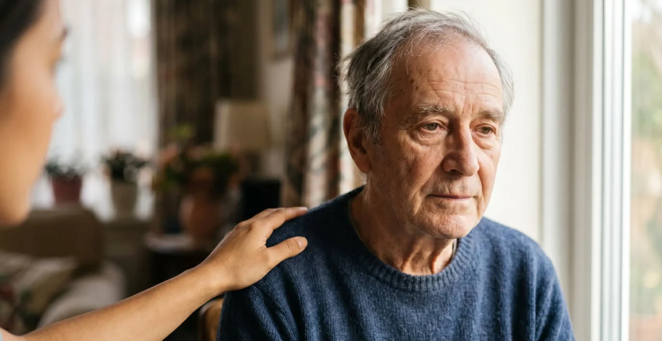 Elderly person in thoughtful contemplation with caring presence nearby