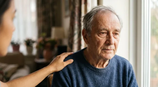 Elderly person in thoughtful contemplation with caring presence nearby