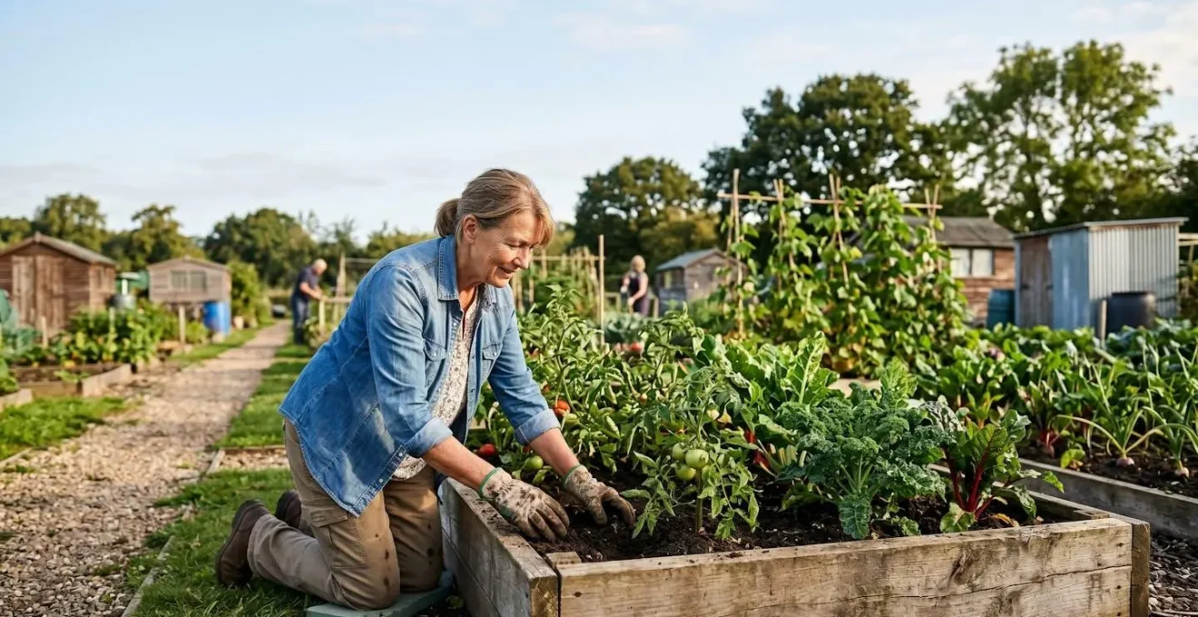 Senior adult performing natural squatting movement while tending raised garden bed in community allotment, demonstrating functional strength and balance