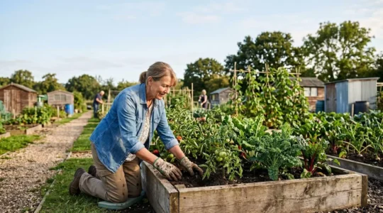 Senior adult performing natural squatting movement while tending raised garden bed in community allotment, demonstrating functional strength and balance