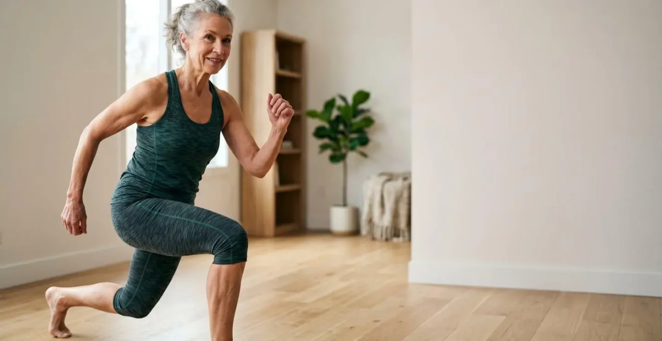 Senior adult performing functional leg exercises with visible muscle definition and confident posture