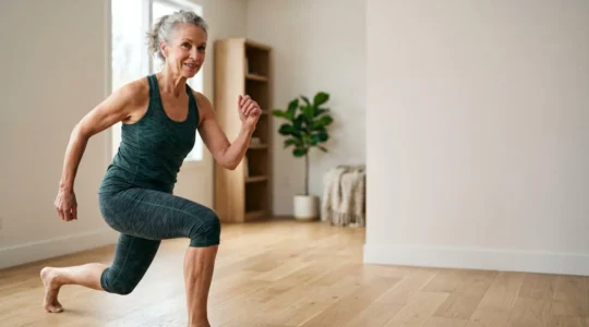 Senior adult performing functional leg exercises with visible muscle definition and confident posture