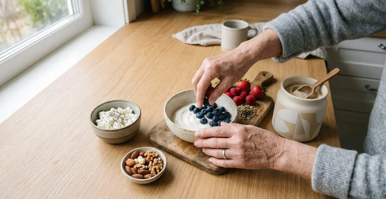 A senior's hands preparing a protein-rich breakfast with various nutritious ingredients on a kitchen counter