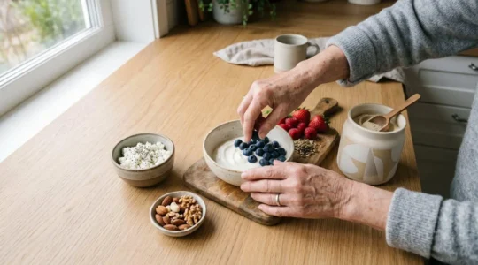A senior's hands preparing a protein-rich breakfast with various nutritious ingredients on a kitchen counter