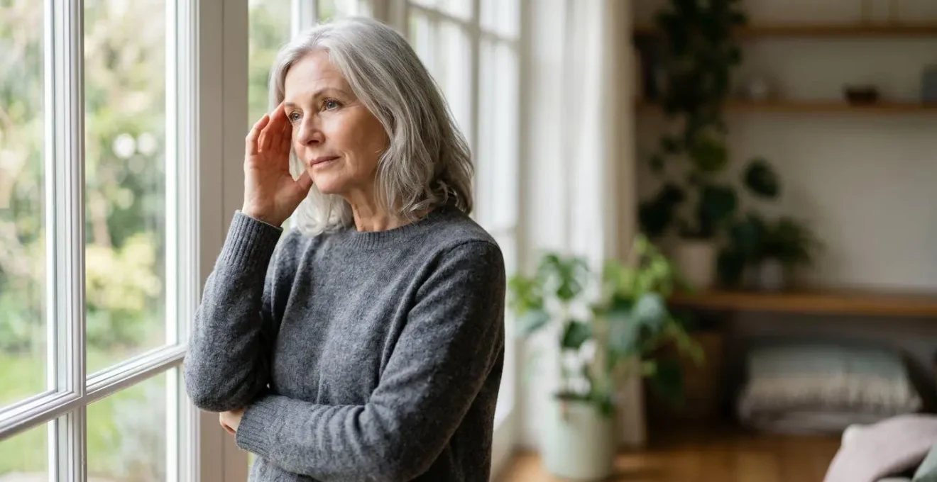 A mature woman in her 60s standing by a window in soft natural light, looking contemplative yet resilient, representing the invisible hormonal challenges of post-menopausal fatigue