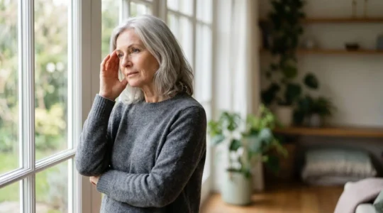 A mature woman in her 60s standing by a window in soft natural light, looking contemplative yet resilient, representing the invisible hormonal challenges of post-menopausal fatigue