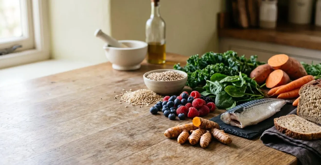 Vibrant fresh vegetables and anti-inflammatory ingredients displayed in natural kitchen setting