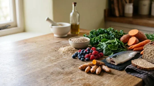Vibrant fresh vegetables and anti-inflammatory ingredients displayed in natural kitchen setting