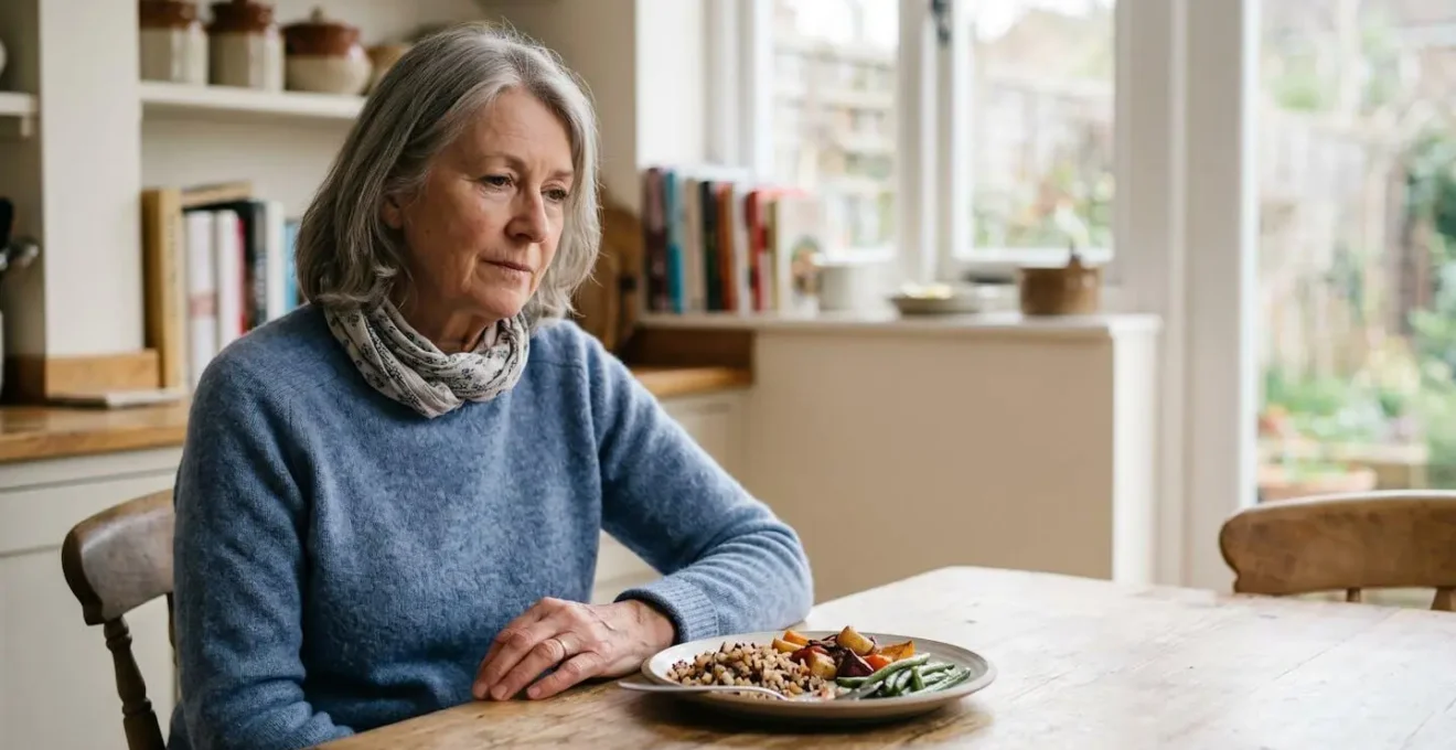 Senior person experiencing afternoon fatigue after lunch, reaching for healthy food choices