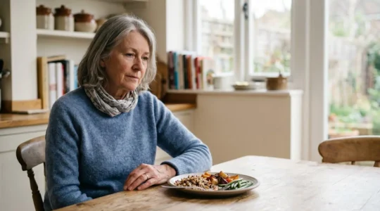 Senior person experiencing afternoon fatigue after lunch, reaching for healthy food choices