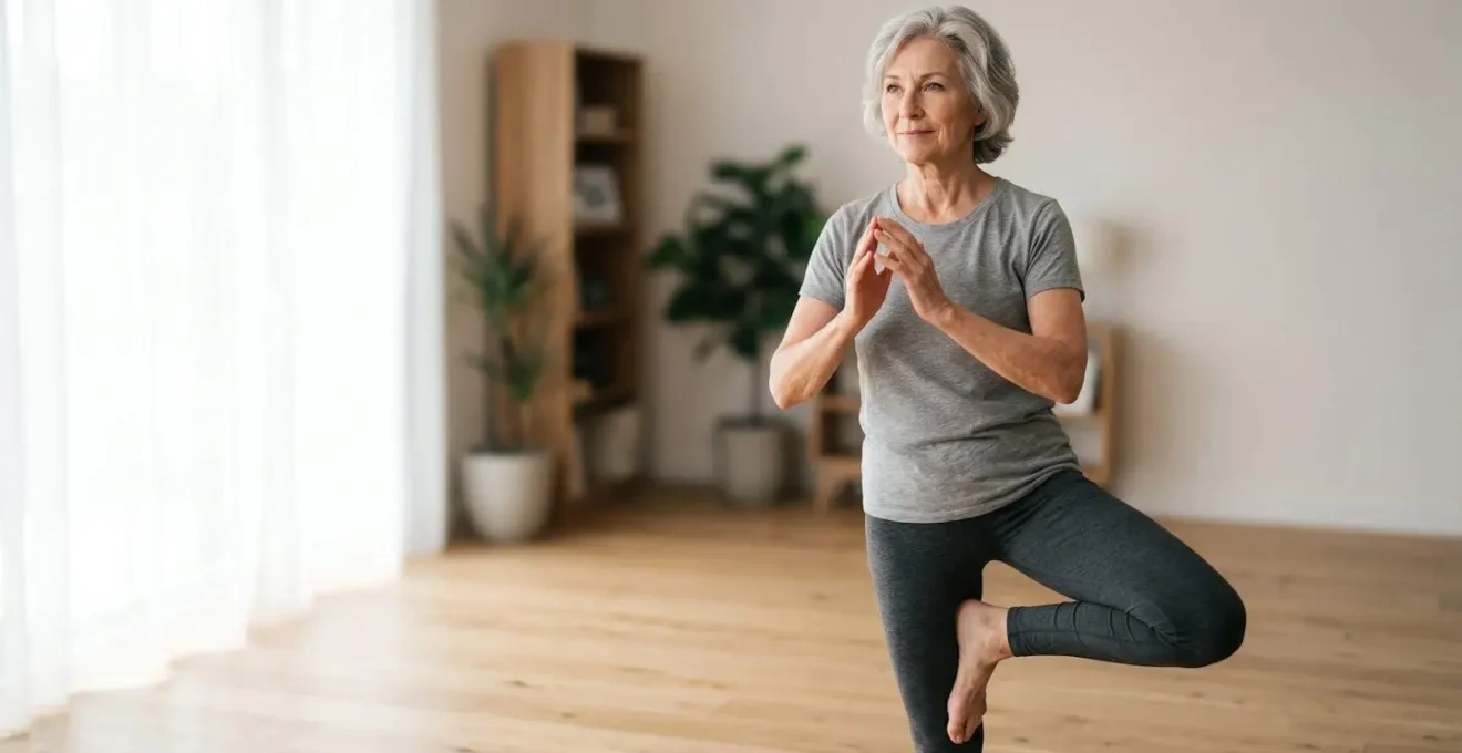 Senior woman practicing balance exercise with proper posture, symbolizing proactive hip fracture prevention through strength and stability training