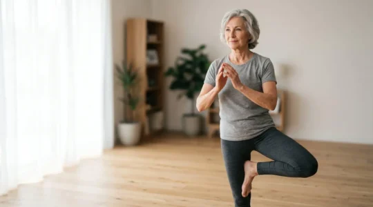Senior woman practicing balance exercise with proper posture, symbolizing proactive hip fracture prevention through strength and stability training
