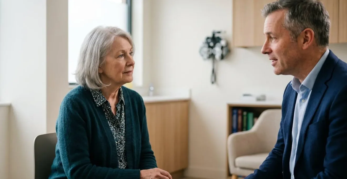 A senior patient having a thoughtful consultation with a private GP in a modern medical office