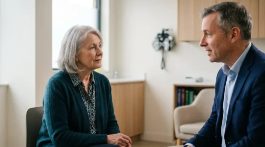 A senior patient having a thoughtful consultation with a private GP in a modern medical office