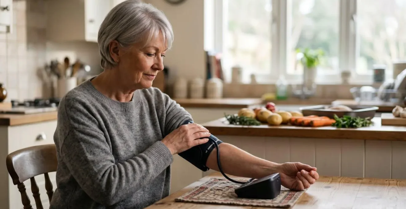 Senior adult checking blood pressure at home with healthy British meal preparation in background