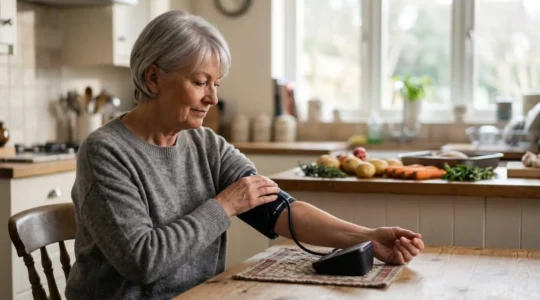 Senior adult checking blood pressure at home with healthy British meal preparation in background