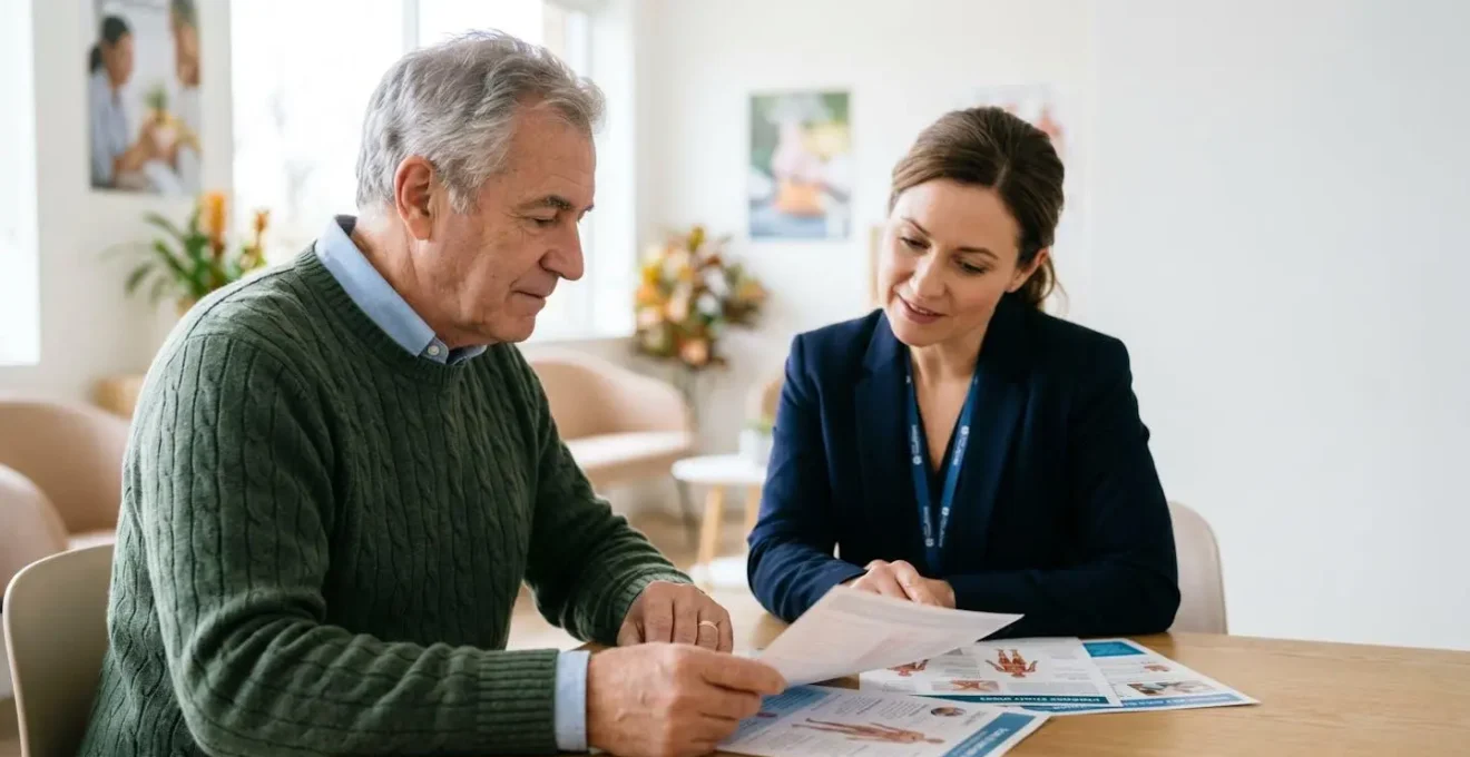Senior examining medical bone density results with healthcare professional in clinical setting