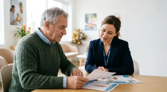 Senior examining medical bone density results with healthcare professional in clinical setting