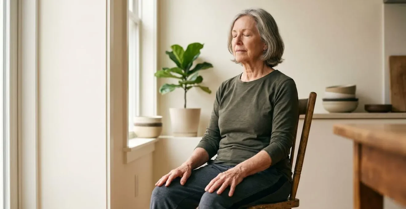Senior person practicing gentle yoga movements while seated in a sturdy chair in a bright, calm indoor space
