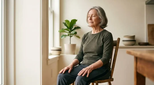 Senior person practicing gentle yoga movements while seated in a sturdy chair in a bright, calm indoor space