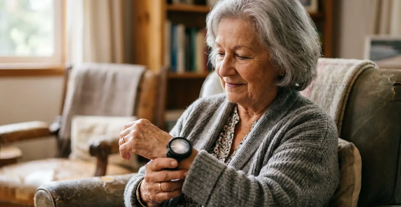 Senior adult checking heart rate data on smartwatch in natural home setting