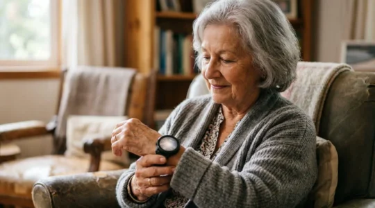 Senior adult checking heart rate data on smartwatch in natural home setting