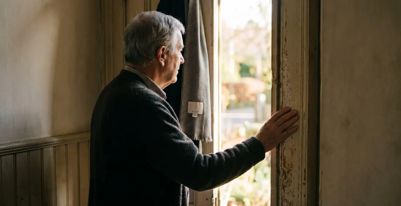 An elderly person standing at a doorway threshold, hand reaching toward the door handle, natural light streaming in from outside, symbolizing the first step toward social reconnection