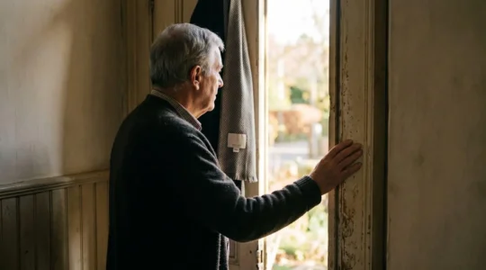 An elderly person standing at a doorway threshold, hand reaching toward the door handle, natural light streaming in from outside, symbolizing the first step toward social reconnection