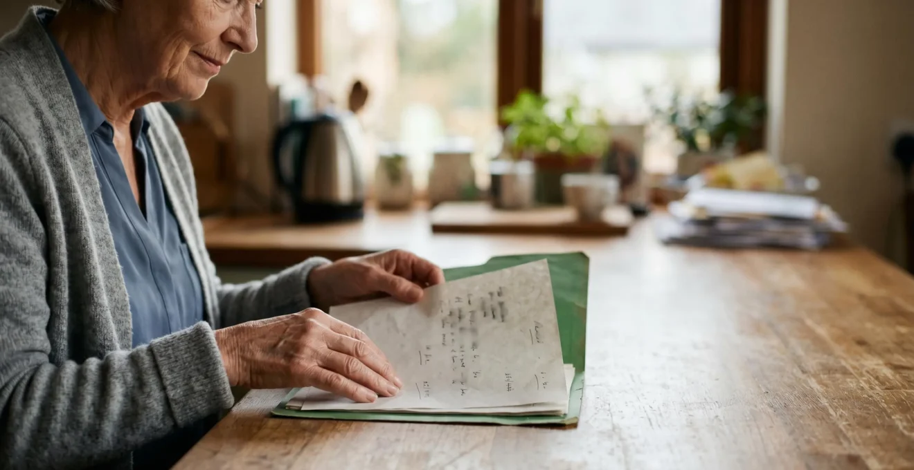 Senior adult carefully organizing emergency documents and medical information in a calm, well-lit home environment