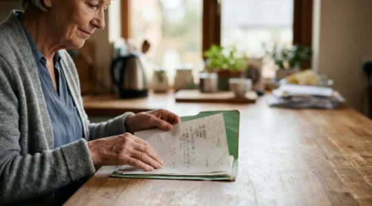 Senior adult carefully organizing emergency documents and medical information in a calm, well-lit home environment