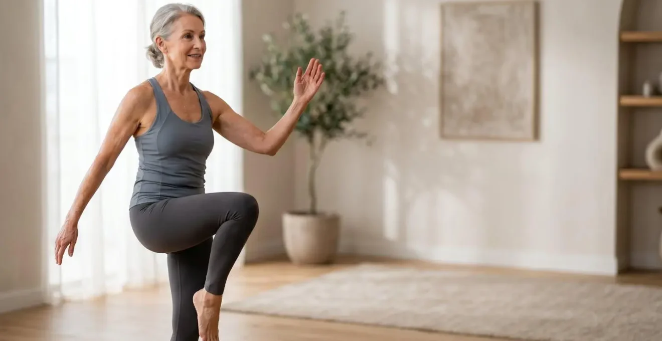Active senior adult performing balance exercise with confidence in natural lighting