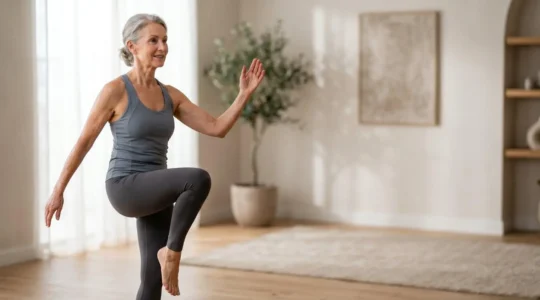 Active senior adult performing balance exercise with confidence in natural lighting