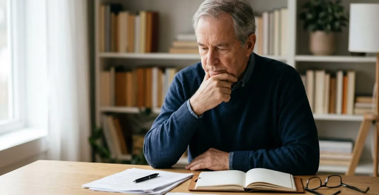 Senior reviewing health planning documents with thoughtful expression in natural light